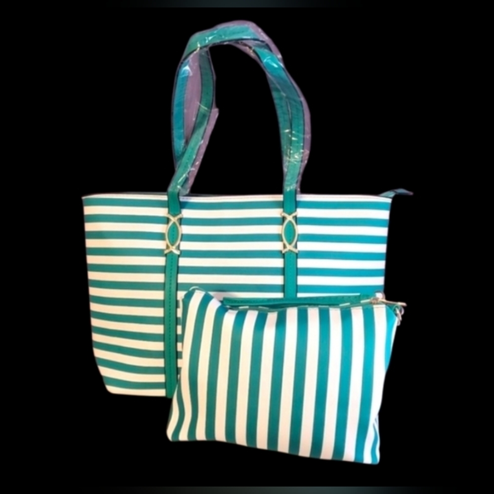Striped Teal Green and White Beach Tote Bag with Pouch - Wristlet